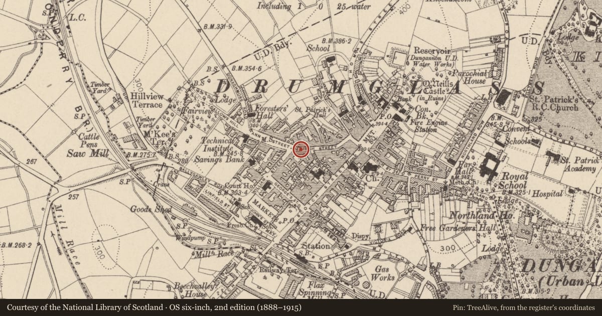 Ordnance Survey six-inch map, 2nd edition (1888–1915) covering the location of 62 Irish St., Mid Ulster, with a pin at the register's coordinates