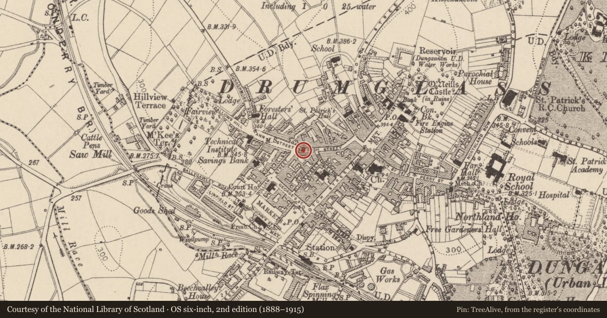 Ordnance Survey six-inch map, 2nd edition (1888–1915) covering the location of 64 Irish St., Mid Ulster, with a pin at the register's coordinates