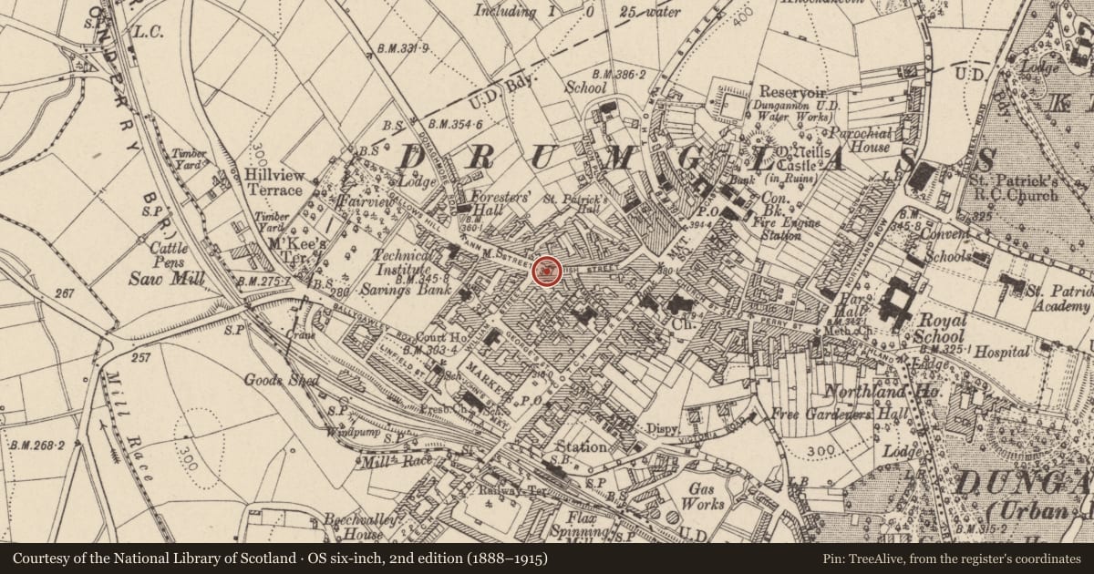 Ordnance Survey six-inch map, 2nd edition (1888–1915) covering the location of 66 Irish St., Mid Ulster, with a pin at the register's coordinates