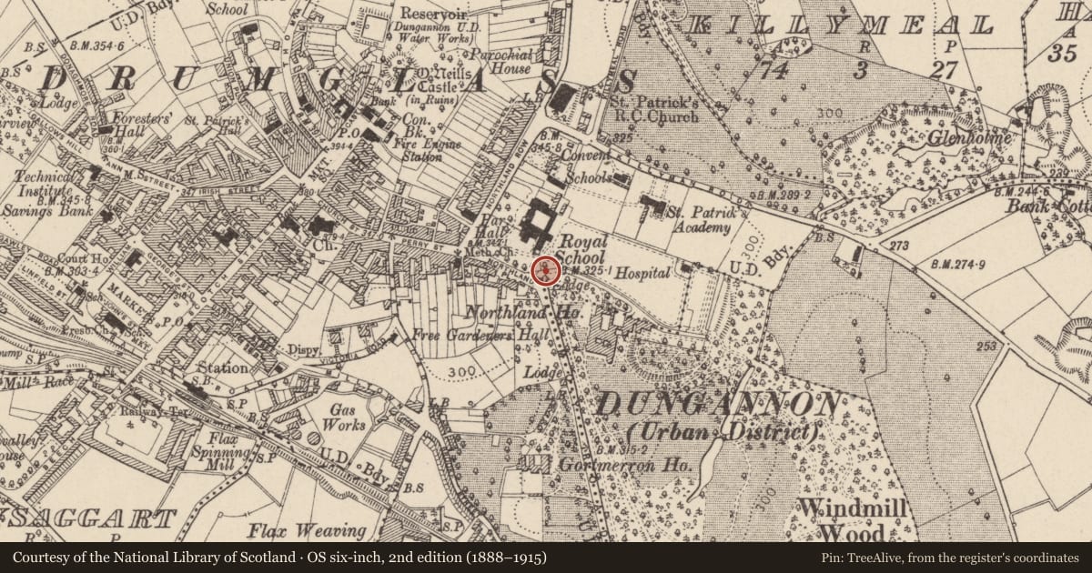 Ordnance Survey six-inch map, 2nd edition (1888–1915) covering the location of Gate Lodge, Mid Ulster, with a pin at the register's coordinates