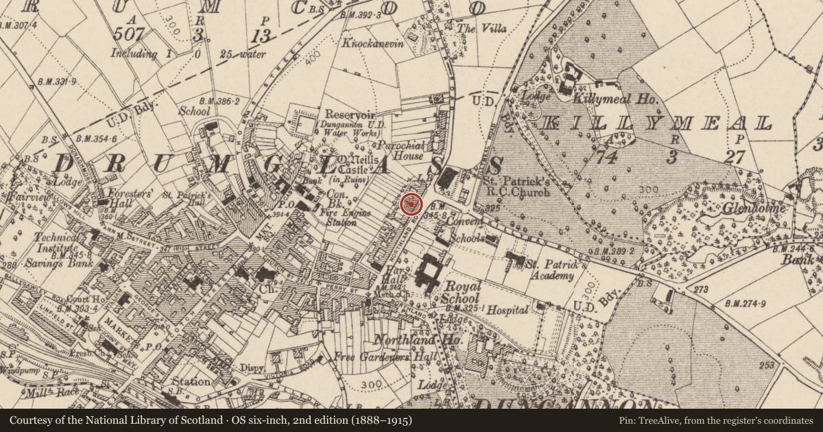 Ordnance Survey six-inch map, 2nd edition (1888–1915) covering the location of 32 Northland Row, Mid Ulster, with a pin at the register's coordinates
