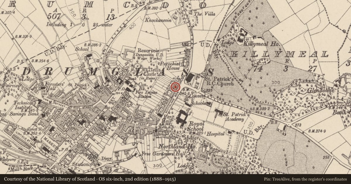 Ordnance Survey six-inch map, 2nd edition (1888–1915) covering the location of 34 Northland Row, Mid Ulster, with a pin at the register's coordinates