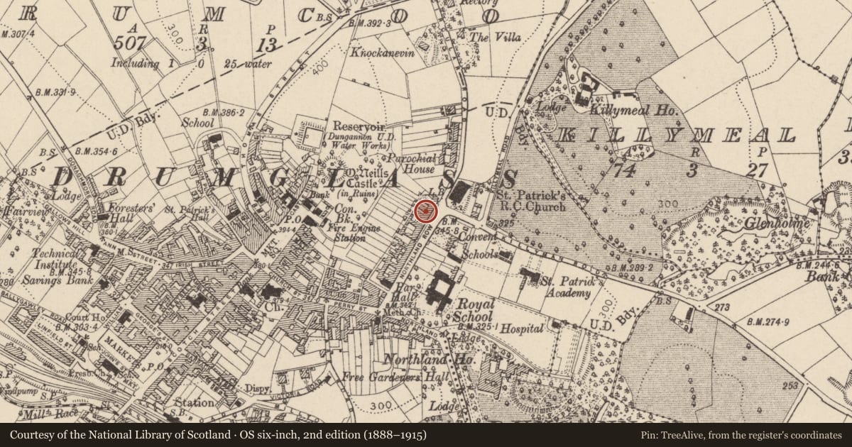 Ordnance Survey six-inch map, 2nd edition (1888–1915) covering the location of 36 Northland Row, Mid Ulster, with a pin at the register's coordinates