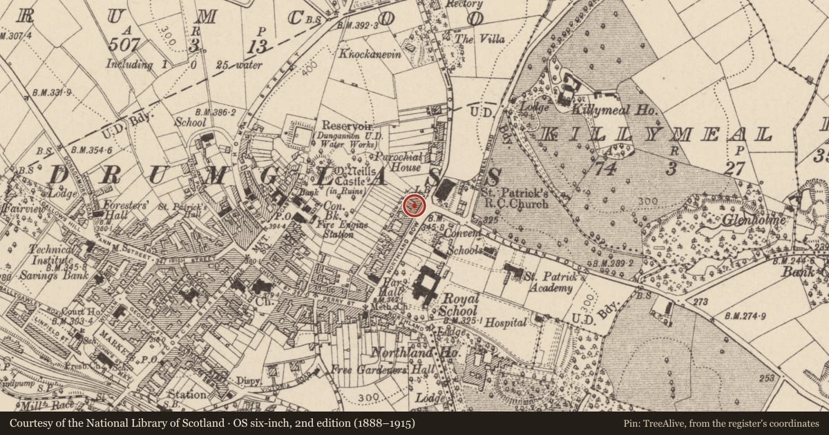 Ordnance Survey six-inch map, 2nd edition (1888–1915) covering the location of 38 Northland Row, Mid Ulster, with a pin at the register's coordinates