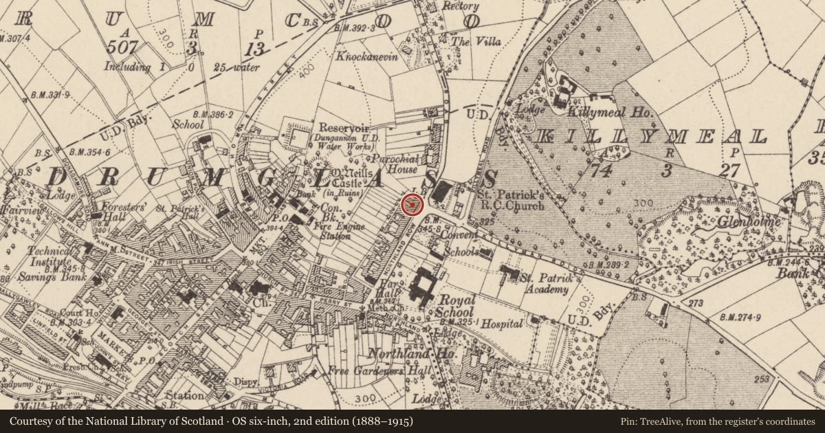 Ordnance Survey six-inch map, 2nd edition (1888–1915) covering the location of 40 Northland Row, Mid Ulster, with a pin at the register's coordinates