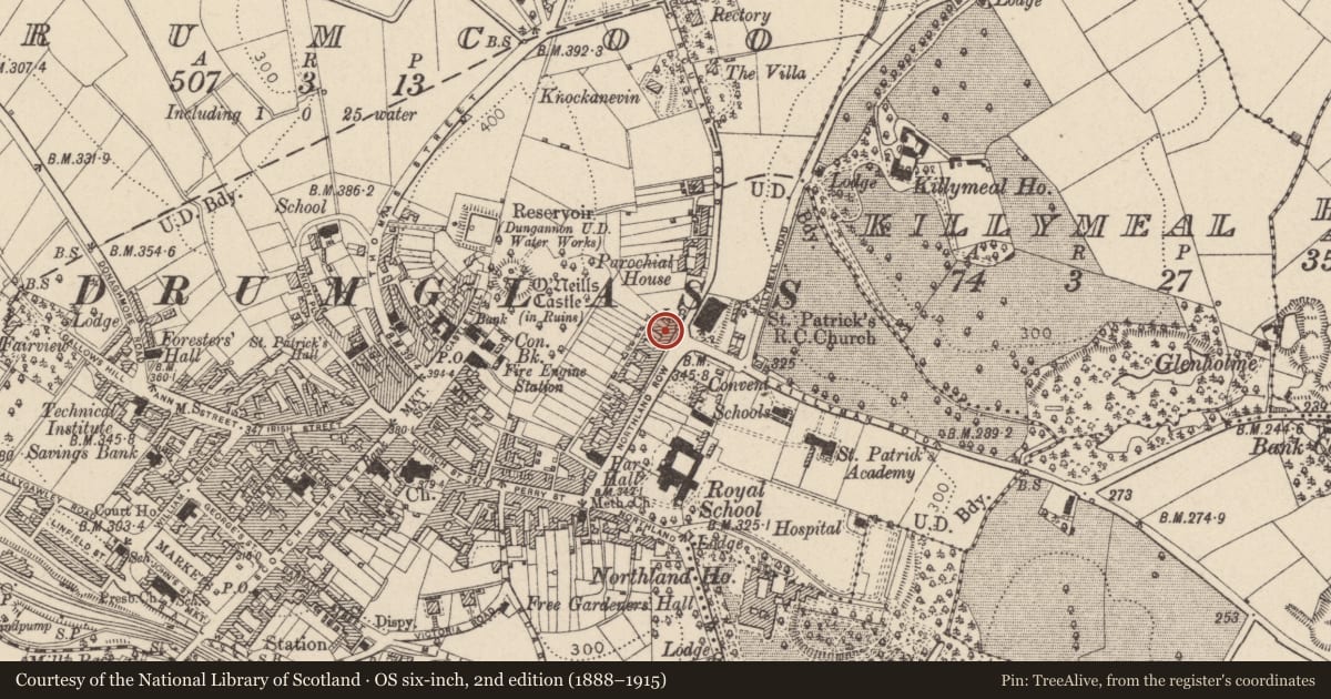 Ordnance Survey six-inch map, 2nd edition (1888–1915) covering the location of 42 Northland Row, Mid Ulster, with a pin at the register's coordinates