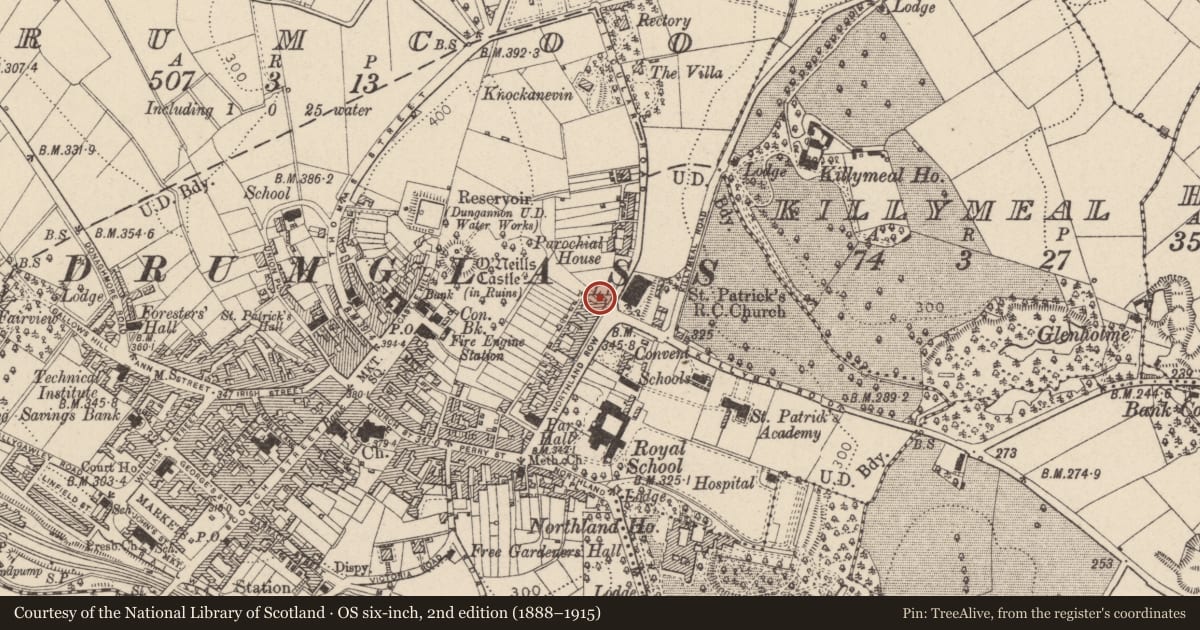 Ordnance Survey six-inch map, 2nd edition (1888–1915) covering the location of 44 Northland Row, Mid Ulster, with a pin at the register's coordinates