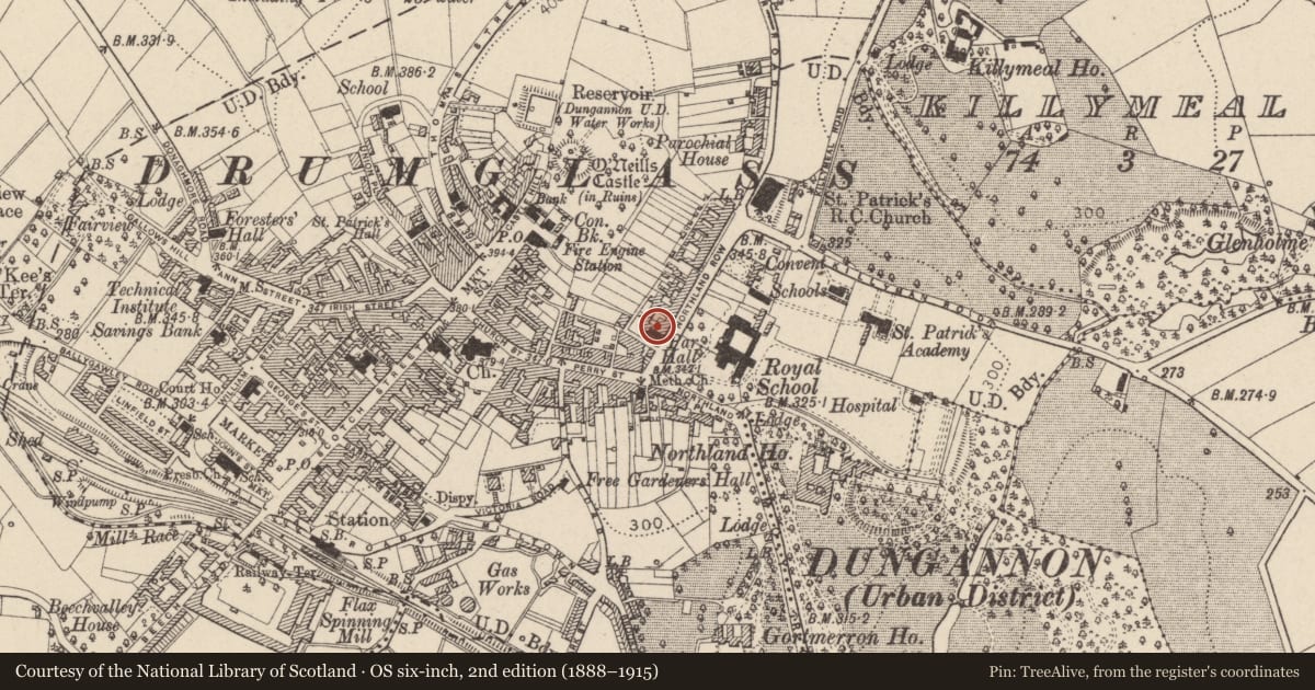 Ordnance Survey six-inch map, 2nd edition (1888–1915) covering the location of Drumglass Parish Hall, Mid Ulster, with a pin at the register's coordinates