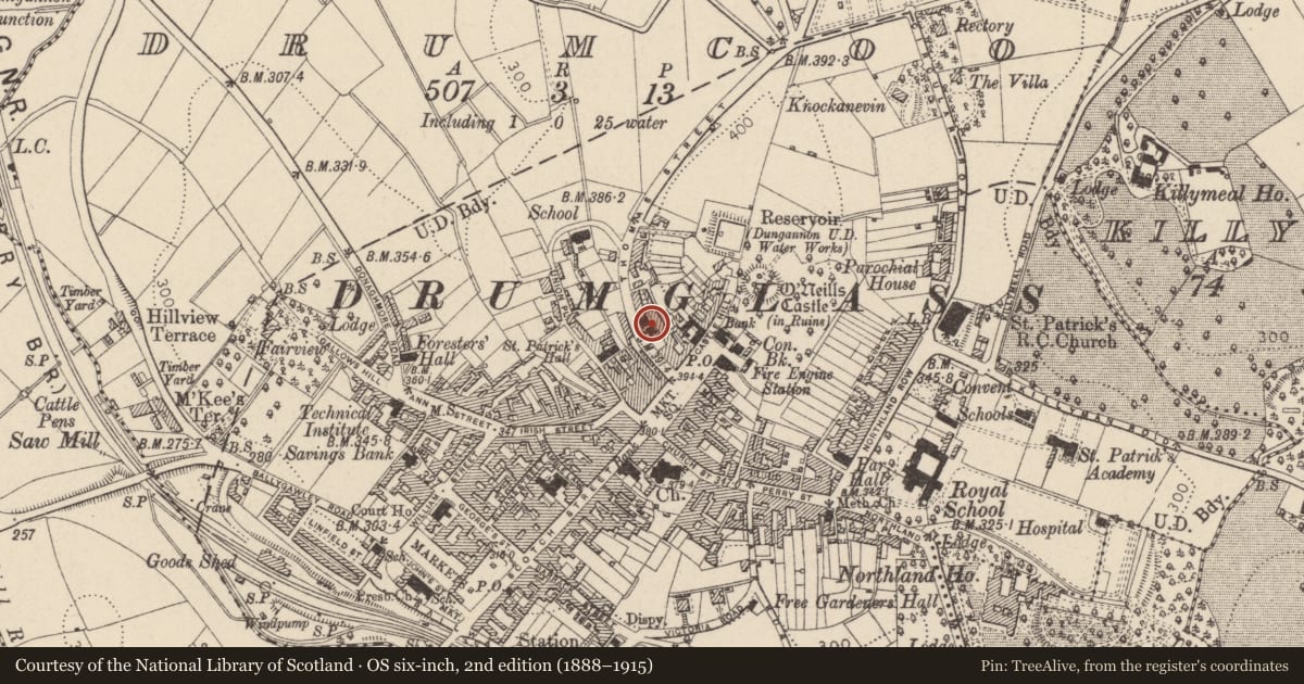 Ordnance Survey six-inch map, 2nd edition (1888–1915) covering the location of Gospel Hall, Mid Ulster, with a pin at the register's coordinates