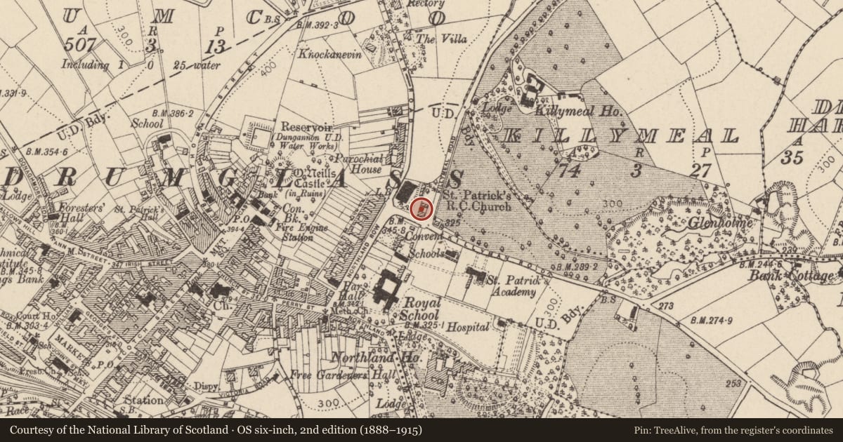 Ordnance Survey six-inch map, 2nd edition (1888–1915) covering the location of 6-8 Killyman Road, Mid Ulster, with a pin at the register's coordinates