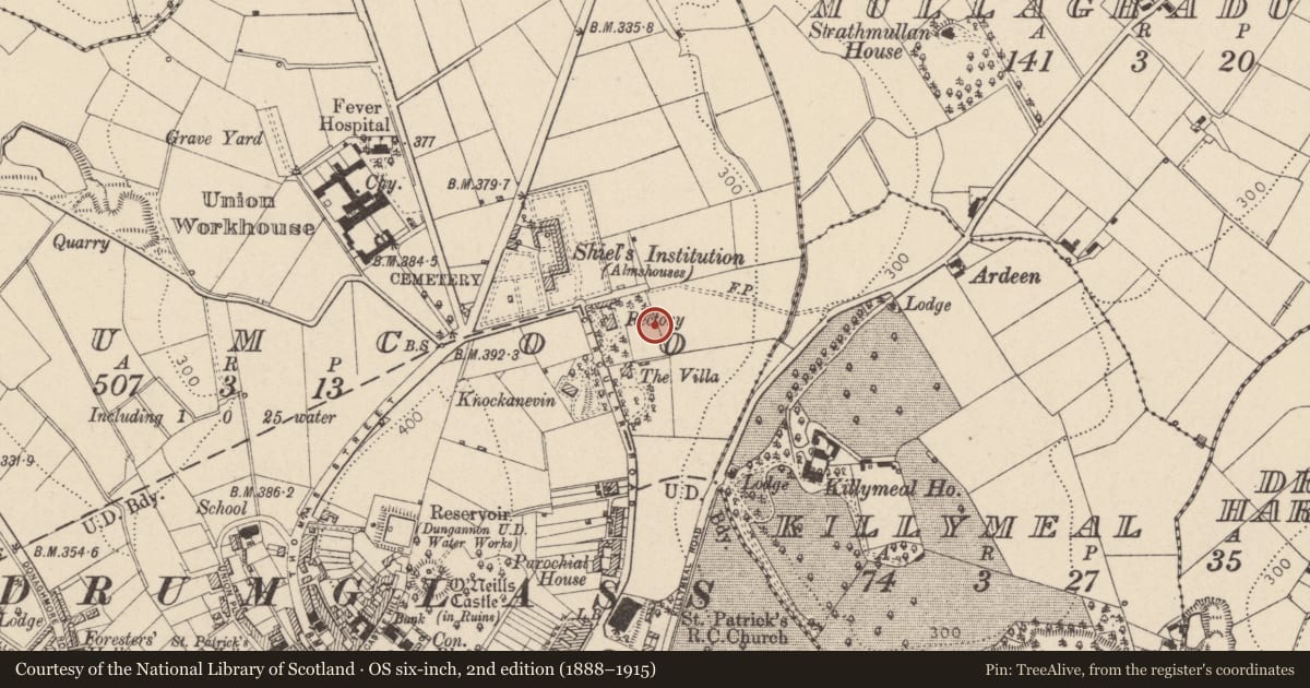 Ordnance Survey six-inch map, 2nd edition (1888–1915) covering the location of East Tyrone College of Further Education, Drumglass, Mid Ulster, with a pin at the register's coordinates