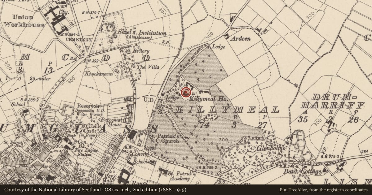 Ordnance Survey six-inch map, 2nd edition (1888–1915) covering the location of Killymeal House, Mid Ulster, with a pin at the register's coordinates