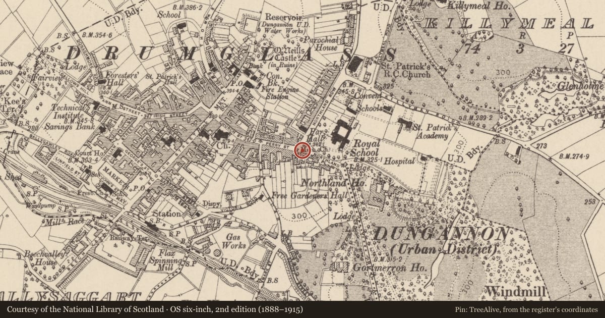 Ordnance Survey six-inch map, 2nd edition (1888–1915) covering the location of 1 Northland Place, Mid Ulster, with a pin at the register's coordinates