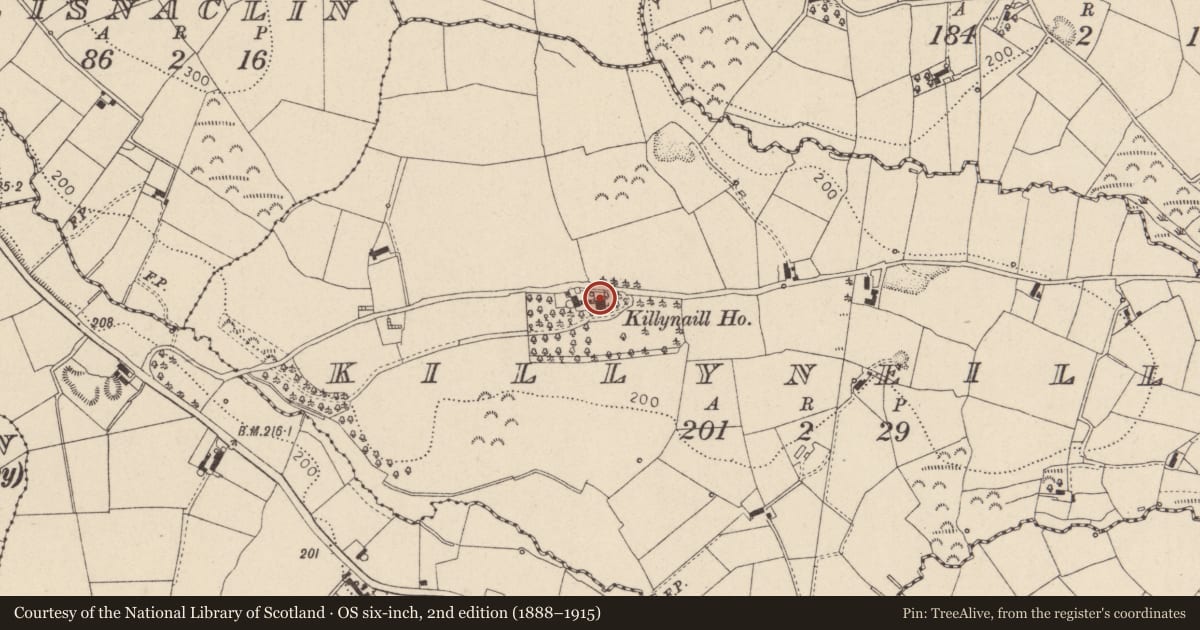 Ordnance Survey six-inch map, 2nd edition (1888–1915) covering the location of Killynaill House, Mid Ulster, with a pin at the register's coordinates