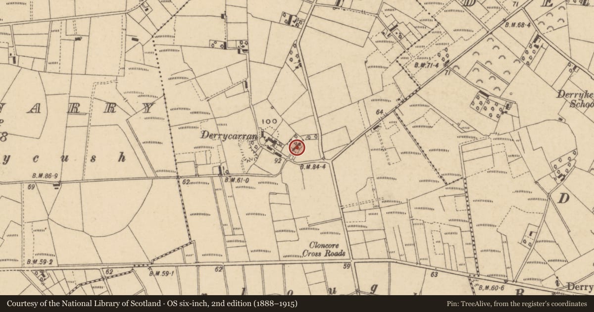 Ordnance Survey six-inch map, 2nd edition (1888–1915) covering the location of 36 Derrycush Road, Cloncore, Armagh City, Banbridge and Craigavon, with a pin at the register's coordinates