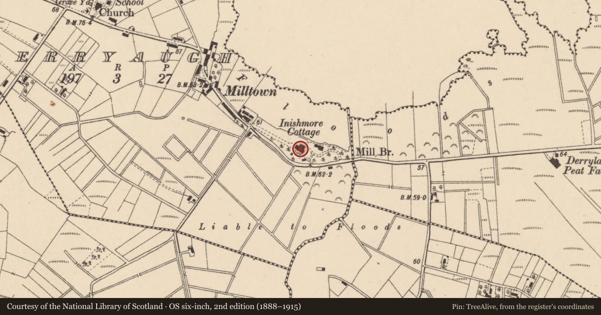 Ordnance Survey six-inch map, 2nd edition (1888–1915) covering the location of Ennismore House, Armagh City, Banbridge and Craigavon, with a pin at the register's coordinates