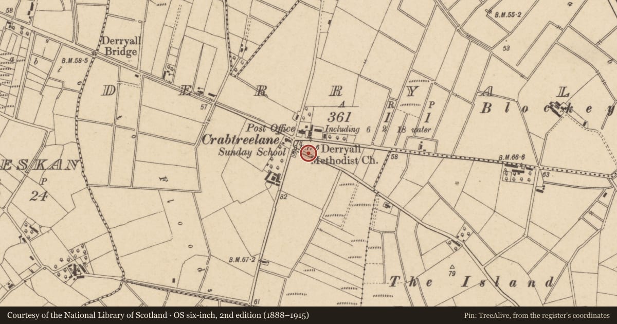 Ordnance Survey six-inch map, 2nd edition (1888–1915) covering the location of Former Derryall Methodist Church, with a pin at the register's coordinates