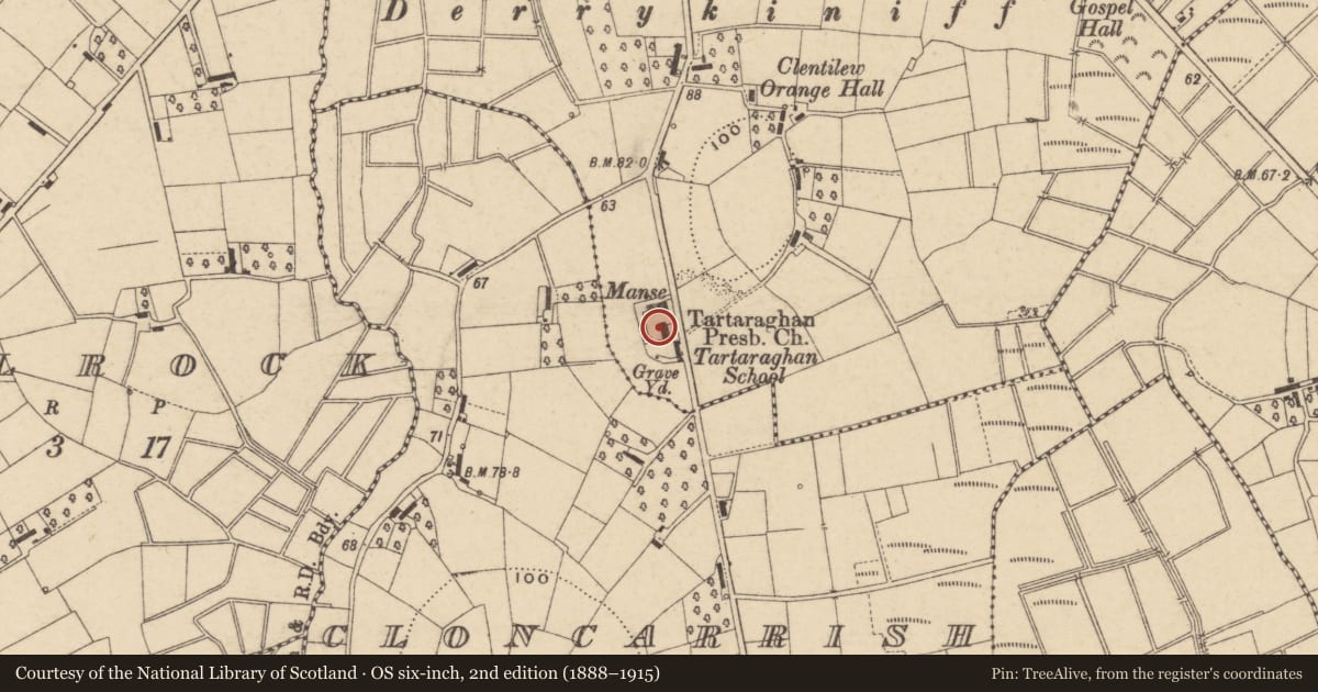 Ordnance Survey six-inch map, 2nd edition (1888–1915) covering the location of Tartaraghan Presbyterian Church, BALLYNARY, Armagh City, Banbridge and Craigavon, with a pin at the register's coordinates