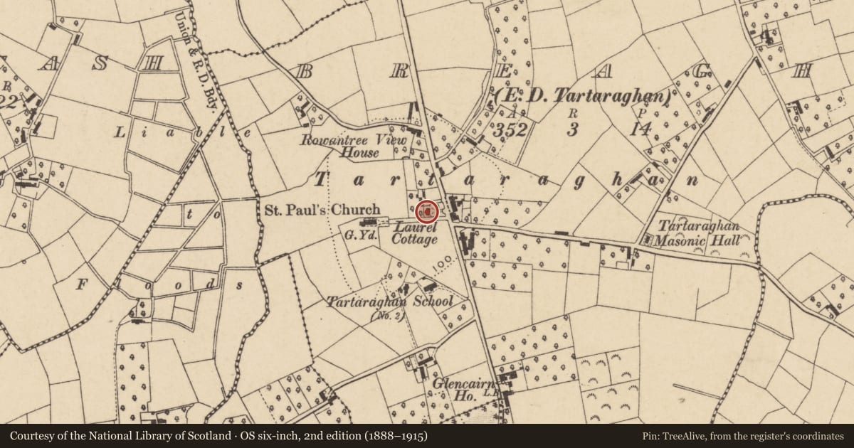 Ordnance Survey six-inch map, 2nd edition (1888–1915) covering the location of Laurel Cottage, Armagh City, Banbridge and Craigavon, with a pin at the register's coordinates