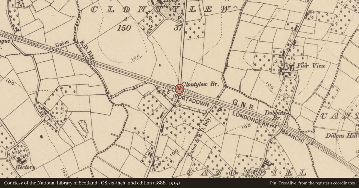 Ordnance Survey six-inch map, 2nd edition (1888–1915) covering the location of Clontylew Bridge, Clontylew Road, Portadown, Co Armagh BT62 1RE, with a pin at the register's coordinates