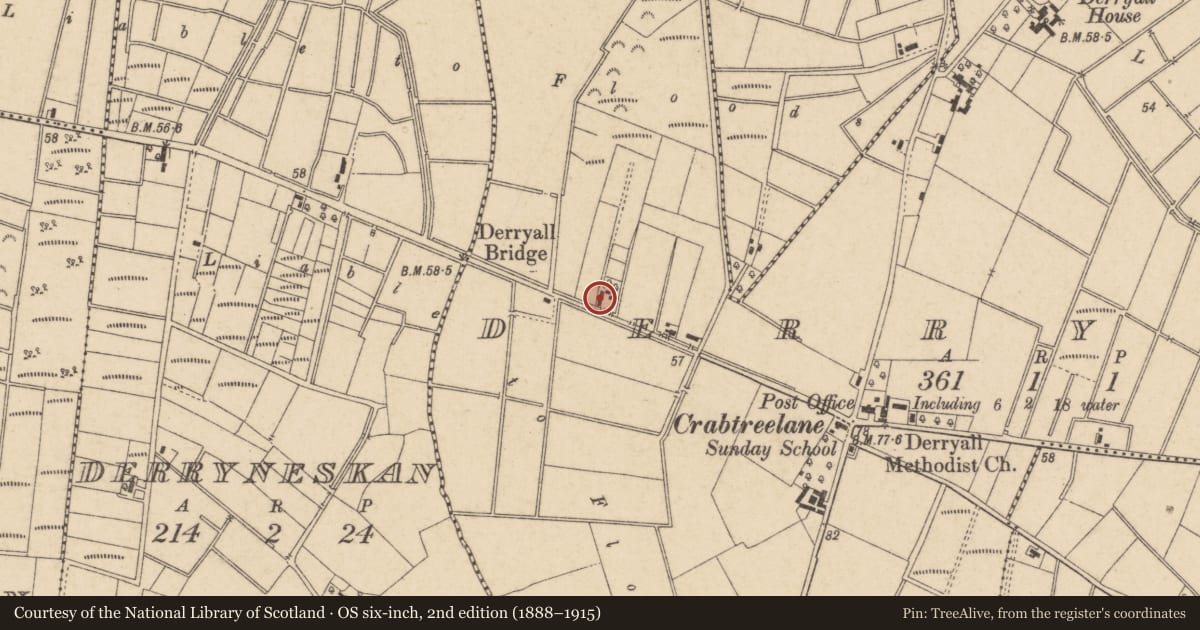 Ordnance Survey six-inch map, 2nd edition (1888–1915) covering the location of 50 Farlough Road, Derryall, Armagh City, Banbridge and Craigavon, with a pin at the register's coordinates