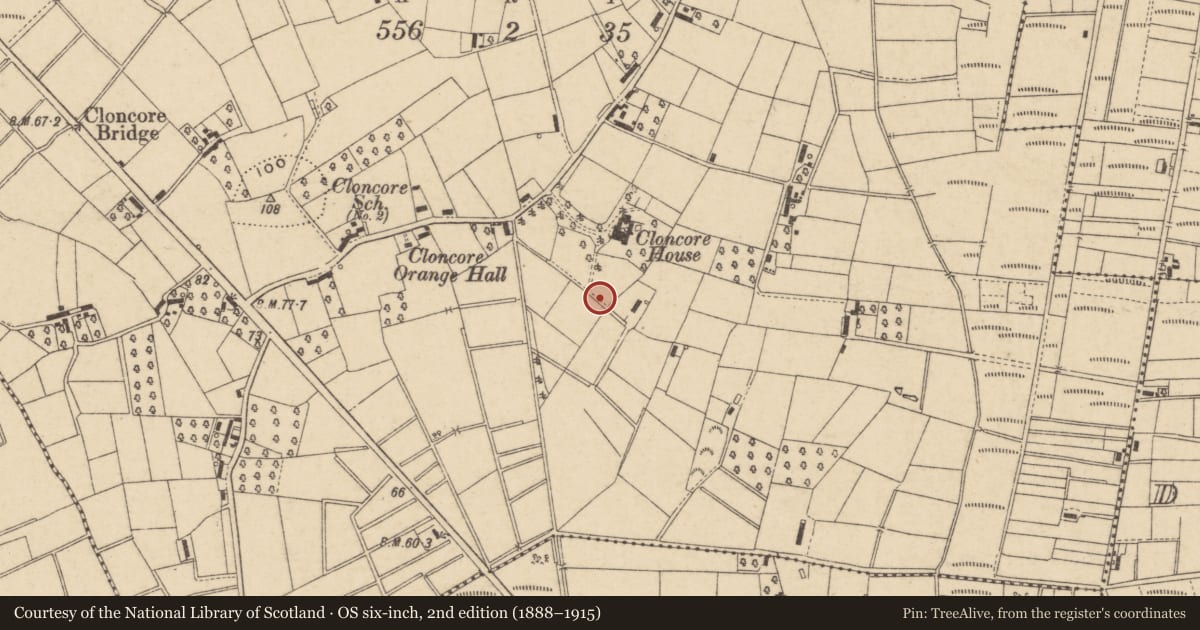Ordnance Survey six-inch map, 2nd edition (1888–1915) covering the location of Cloncore House, with a pin at the register's coordinates
