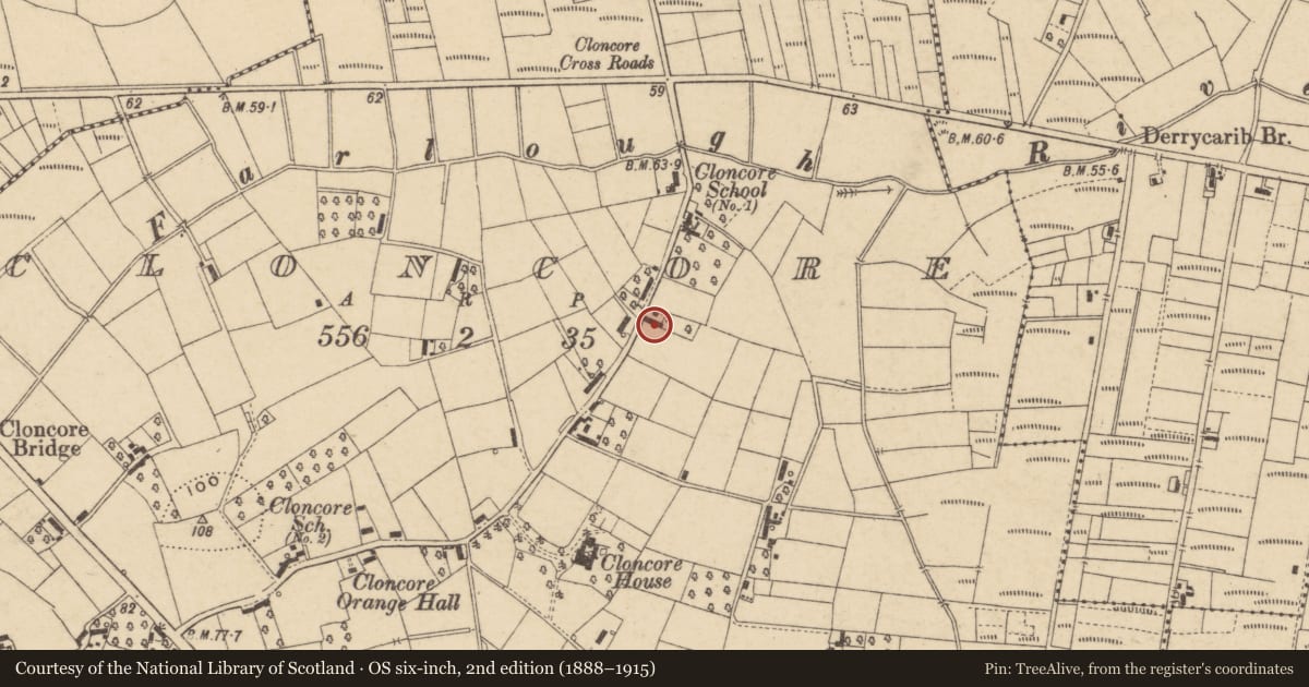 Ordnance Survey six-inch map, 2nd edition (1888–1915) covering the location of 37 Cloncore Road, Armagh City, Banbridge and Craigavon, with a pin at the register's coordinates