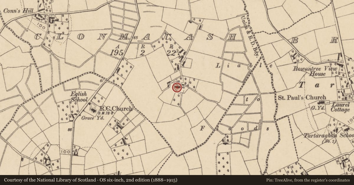 Ordnance Survey six-inch map, 2nd edition (1888–1915) covering the location of House, Clonmacash, with a pin at the register's coordinates