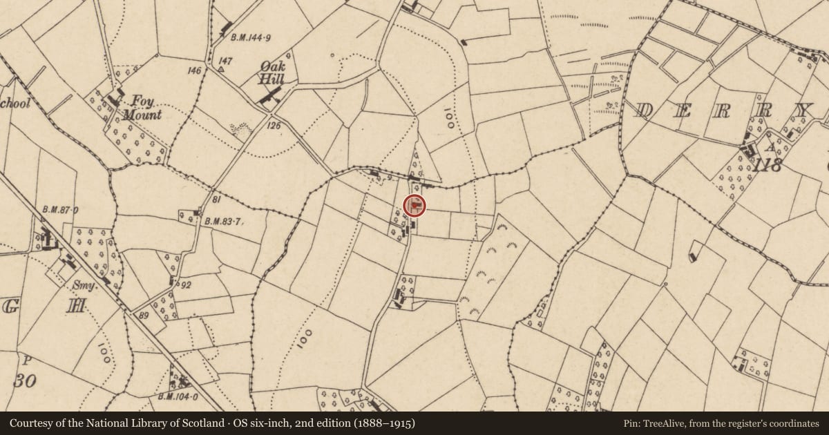 Ordnance Survey six-inch map, 2nd edition (1888–1915) covering the location of 19 Foy Lane, with a pin at the register's coordinates