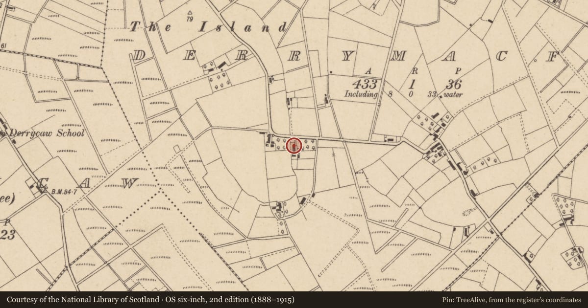 Ordnance Survey six-inch map, 2nd edition (1888–1915) covering the location of 22 Derrymacfall road, with a pin at the register's coordinates