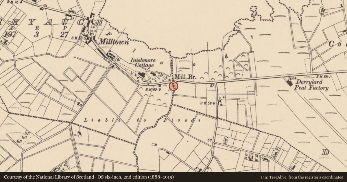 Ordnance Survey six-inch map, 2nd edition (1888–1915) covering the location of Mill Bridge Maghery Road/Columbkille Road, with a pin at the register's coordinates