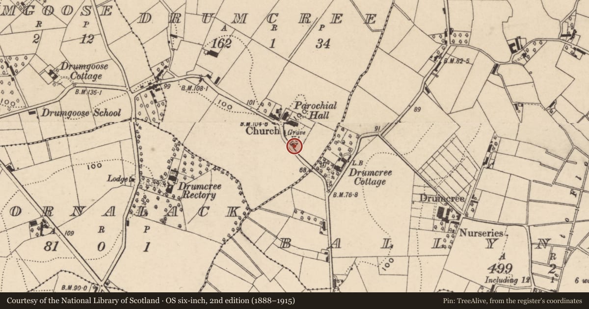 Ordnance Survey six-inch map, 2nd edition (1888–1915) covering the location of 43 Drumcree Road, Armagh City, Banbridge and Craigavon, with a pin at the register's coordinates