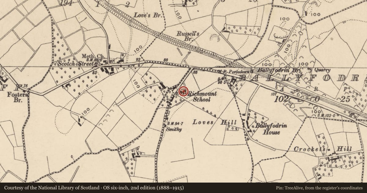 Ordnance Survey six-inch map, 2nd edition (1888–1915) covering the location of Former schoolhouse, Richmount or Aghavellan, Armagh City, Banbridge and Craigavon, with a pin at the register's coordinates