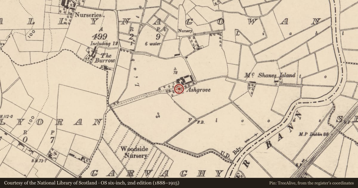 Ordnance Survey six-inch map, 2nd edition (1888–1915) covering the location of Ashgrove House, with a pin at the register's coordinates