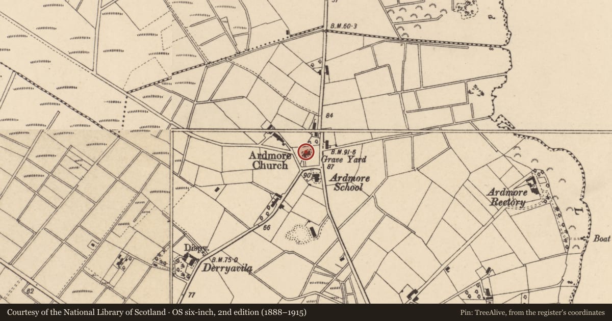 Ordnance Survey six-inch map, 2nd edition (1888–1915) covering the location of Ardmore Parish Church, Armagh City, Banbridge and Craigavon, with a pin at the register's coordinates