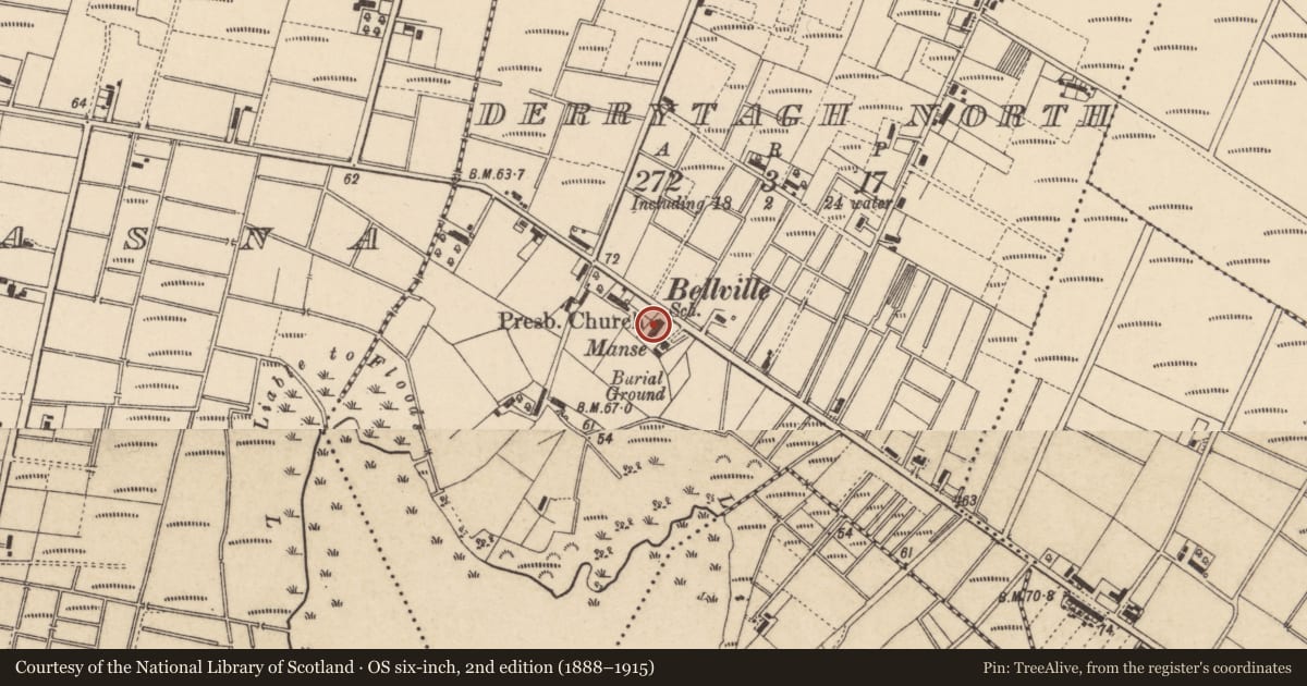 Ordnance Survey six-inch map, 2nd edition (1888–1915) covering the location of Bellville Presbyterian Church, 130 Derrytrasna Road, Derryadd, Craigavon, Co Armagh, BT66 6QF, Derrytagh North, Armagh City, Banbridge and Craigavon, with a pin at the register's coordinates