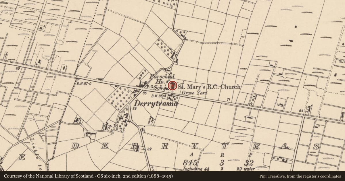 Ordnance Survey six-inch map, 2nd edition (1888–1915) covering the location of Former Schoolhouse (East of 197) Derrytrasna Road Derrytrasna Lurgan Co Armagh BT66 6NR, Armagh City, Banbridge and Craigavon, with a pin at the register's coordinates