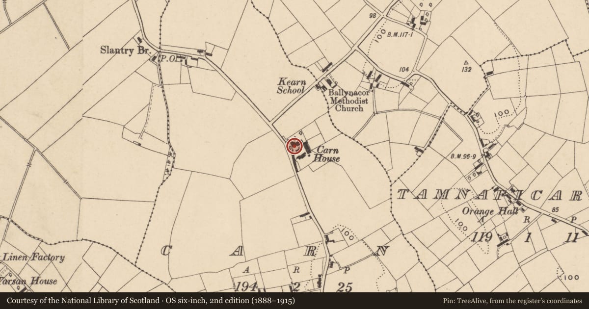 Ordnance Survey six-inch map, 2nd edition (1888–1915) covering the location of Carn House, Armagh City, Banbridge and Craigavon, with a pin at the register's coordinates