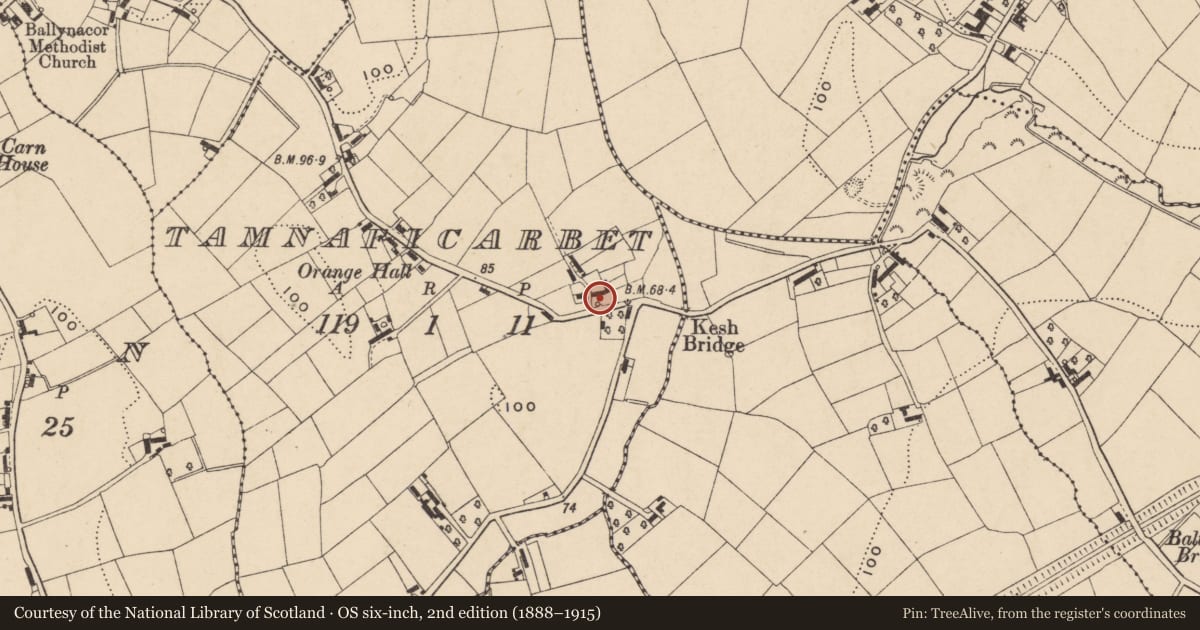Ordnance Survey six-inch map, 2nd edition (1888–1915) covering the location of Site of house, Tamnaficarbet, Armagh City, Banbridge and Craigavon, with a pin at the register's coordinates