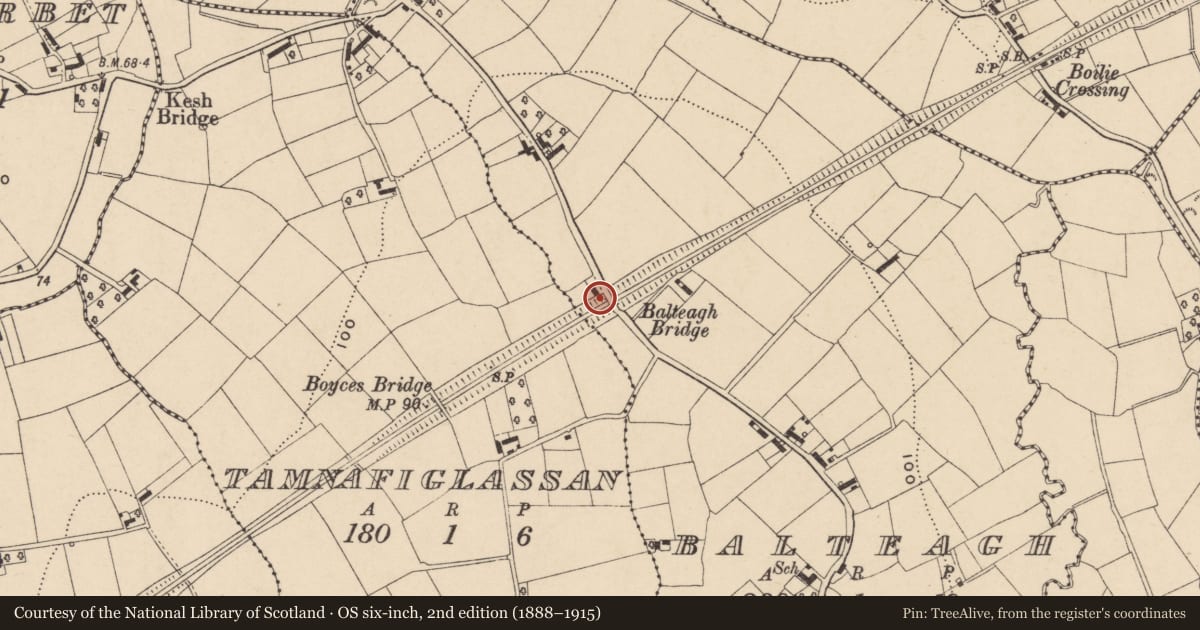 Ordnance Survey six-inch map, 2nd edition (1888–1915) covering the location of Site of Balteagh Bridge, Armagh City, Banbridge and Craigavon, with a pin at the register's coordinates