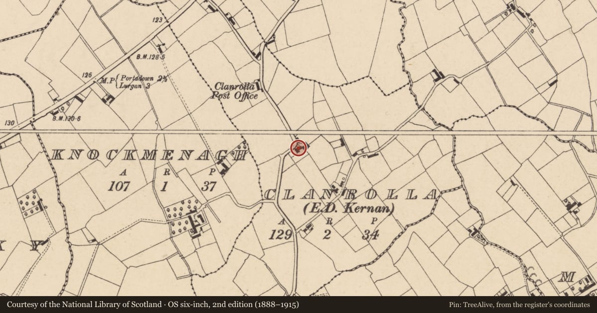 Ordnance Survey six-inch map, 2nd edition (1888–1915) covering the location of 26 Clanrolla Road, Armagh City, Banbridge and Craigavon, with a pin at the register's coordinates