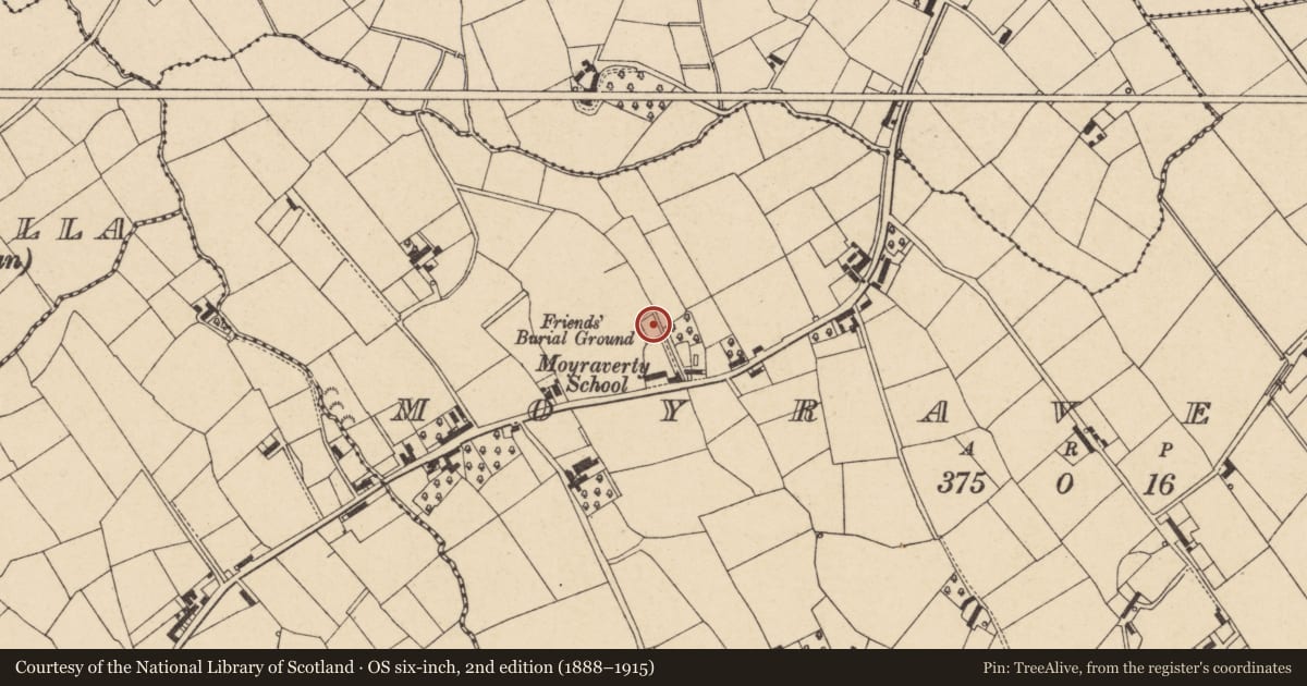 Ordnance Survey six-inch map, 2nd edition (1888–1915) covering the location of Friends Burial Ground, Armagh City, Banbridge and Craigavon, with a pin at the register's coordinates