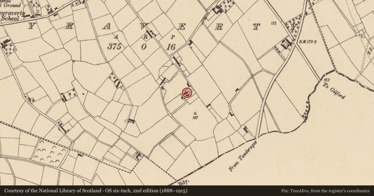 Ordnance Survey six-inch map, 2nd edition (1888–1915) covering the location of Site of house, Moyraverty, Armagh City, Banbridge and Craigavon, with a pin at the register's coordinates