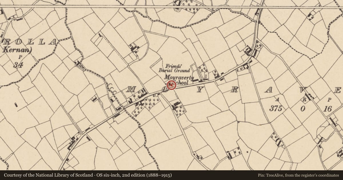 Ordnance Survey six-inch map, 2nd edition (1888–1915) covering the location of Site of former schoolhouse and schoolmaster residence, Moyraverty, Armagh City, Banbridge and Craigavon, with a pin at the register's coordinates
