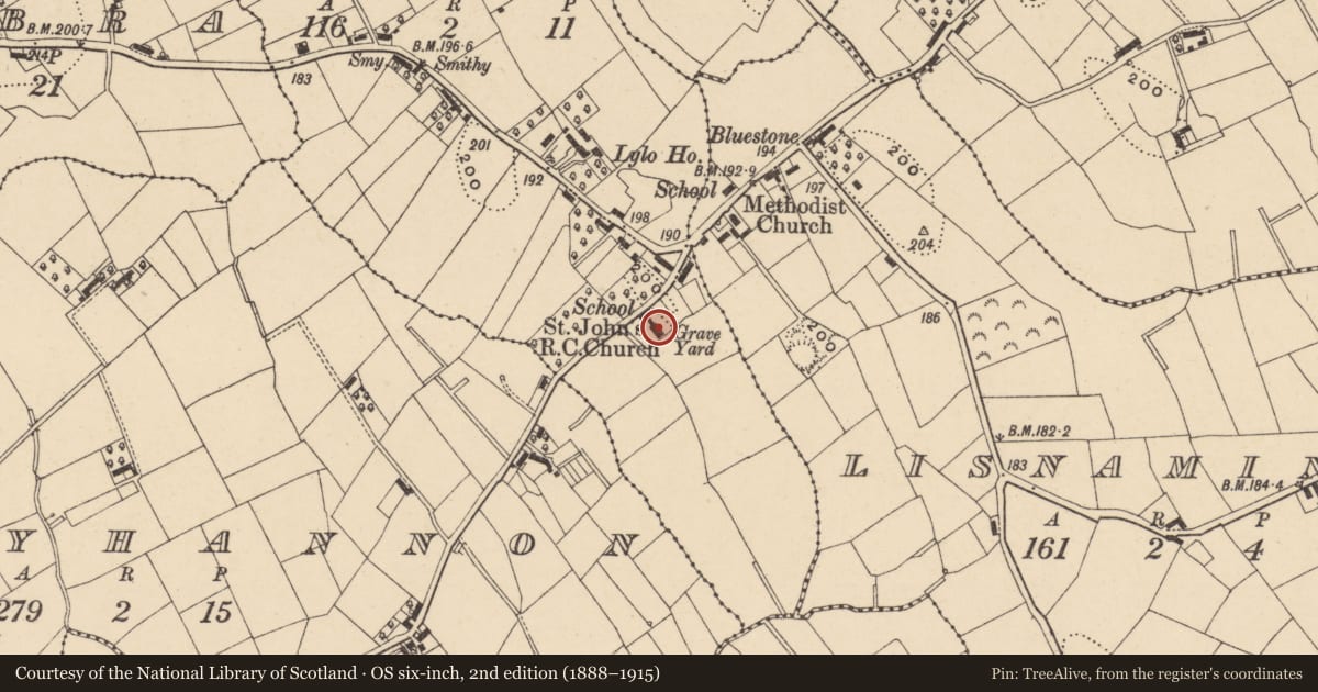 Ordnance Survey six-inch map, 2nd edition (1888–1915) covering the location of St Johns RC Church, Lylo, Armagh City, Banbridge and Craigavon, with a pin at the register's coordinates