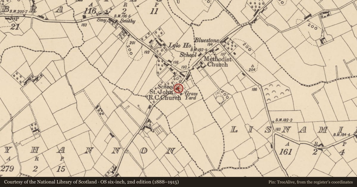 Ordnance Survey six-inch map, 2nd edition (1888–1915) covering the location of Lylo National School, Armagh City, Banbridge and Craigavon, with a pin at the register's coordinates