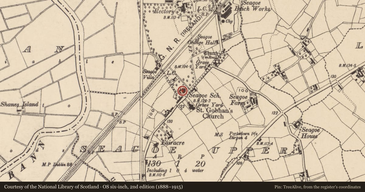 Ordnance Survey six-inch map, 2nd edition (1888–1915) covering the location of Former Seagoe Parochial Schools building, Armagh City, Banbridge and Craigavon, with a pin at the register's coordinates