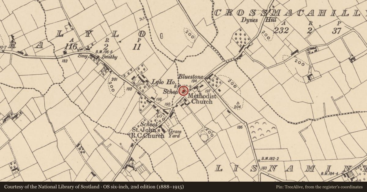 Ordnance Survey six-inch map, 2nd edition (1888–1915) covering the location of Former Schoolhouse, Bluestone Public Elementary School, Bluestone Road, Portadown, Co Armagh, BT63 5SH, Lisamintry, Armagh City, Banbridge and Craigavon, with a pin at the register's coordinates