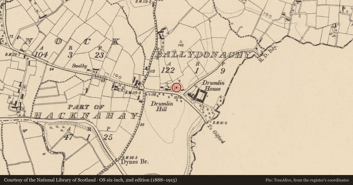 Ordnance Survey six-inch map, 2nd edition (1888–1915) covering the location of 121 Moyallan Road, Armagh City, Banbridge and Craigavon, with a pin at the register's coordinates