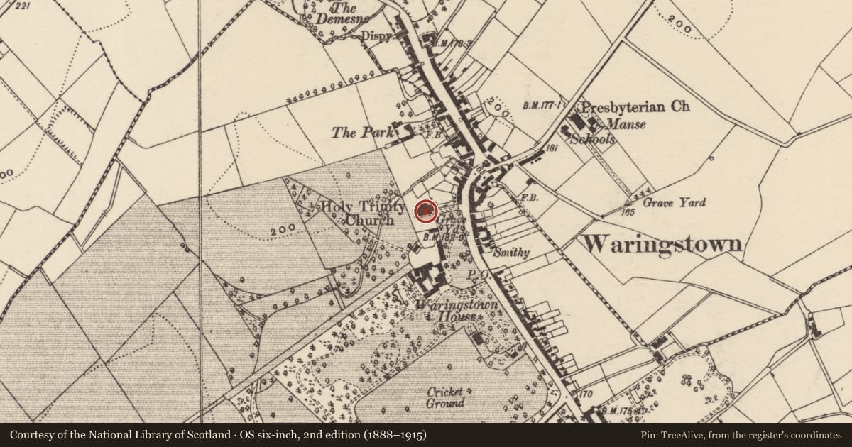 Ordnance Survey six-inch map, 2nd edition (1888–1915) covering the location of Holy Trinity Church, Armagh City, Banbridge and Craigavon, with a pin at the register's coordinates